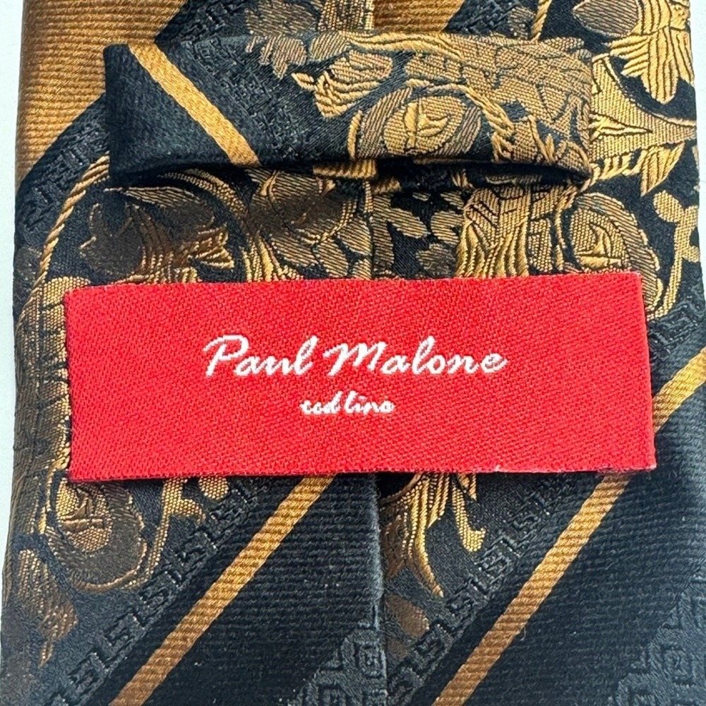 Paul Malone Red Line Silk Tie Black Gold Floral Brocade Striped Handmade Mens